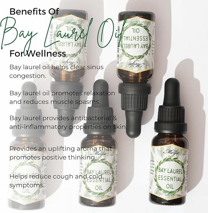 Merja Bay Laurel Essential Oil, Natural, 0.68 fl oz, for Face Hair Body and Aromatherapy, Pack of 1