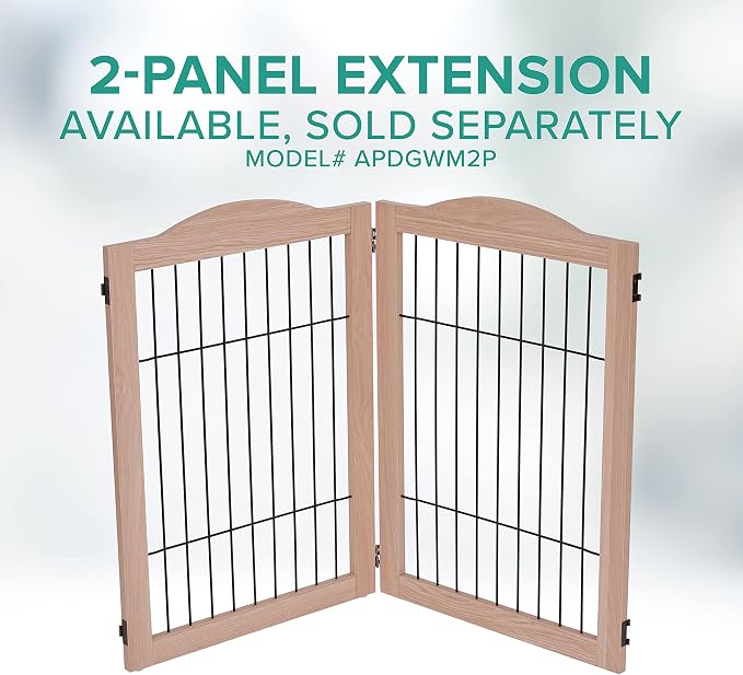 Arf Pets Dog Gate with Walk Through Door, 4 Panel 360° configurable Freestanding Wooden Wire Fence, 80" Wide, 31.5" Tall, Foldable, Support Feet Included, for The House - Indoor Use