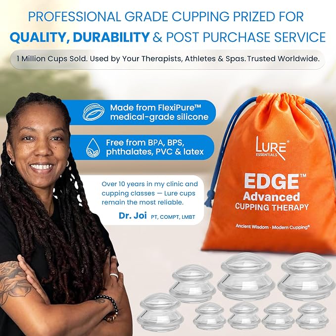 Lure Essentials Edge Silicone Cupping Set, Cupping Kit for Massage Therapy, Long Lasting Cups for Professional & Home Use, Body Sculpt Cup for Cellulite, Ultra Transparent Clear (8 Count)
