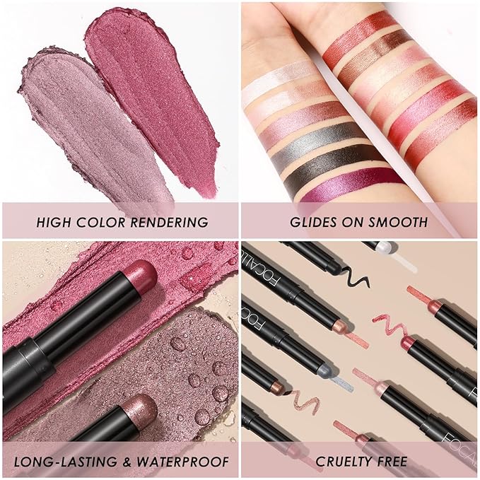 FOCALLURE 2PCS Cream Eyeshadow Stick Sets,Matte and Shimmer Eye Brightener, High Pigmented Crease-proof Pencil,Long Lasting Eye Shadow Highlighter Makeup,Smoky-Blossom