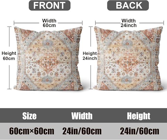 Boho Throw Pillow Covers 24x24 inch Set of 2,Soft Pillowcases Bohemia Carpet Printing Pattern Decorative Sofa Living Room Bed Square Pillow Case Cushion Cover-Orange Grey