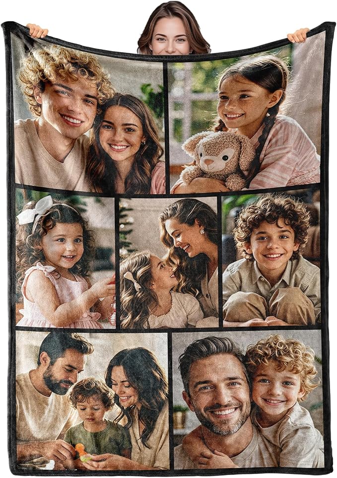 iDIY Custom Blanket with Picture and Text - Ships Next Day - Personalized Photo Throw - Customized Gifts for Family and Couples - 7 Photos