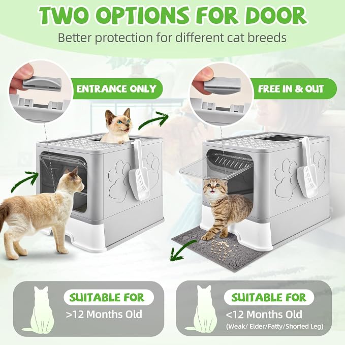 Covered Cat Litter Box, Extra Large Drawer Design with Dual Entry, Gray | 13L litter capacity, adjustable door, leakproof structure, cleaning accessories, complimentary cat litter mat