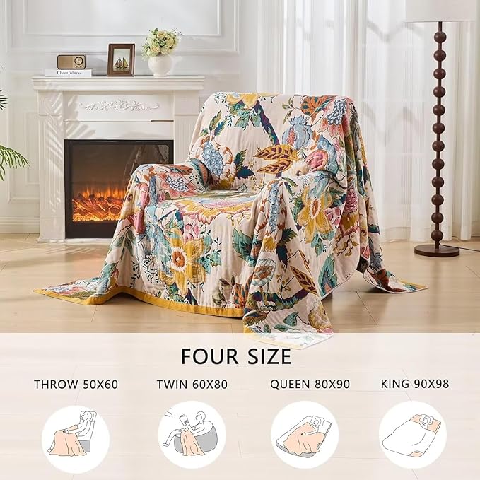 Boho Throw Blanket Farmhouse Decor Throw Blanket Bohemian Blanket for Bed 100% Cotton Muslin Woven Couch Blanket All Seasons Quilt Bedroom (C-Beige, 80"x90")