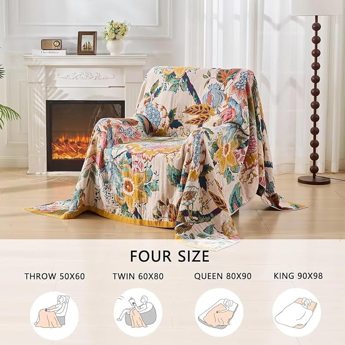 Boho Throw Blanket Farmhouse Decor Throw Blanket Bohemian Blanket for Bed 100% Cotton Muslin Woven Couch Blanket All Seasons Quilt Bedroom (C-Beige, 60"x80")