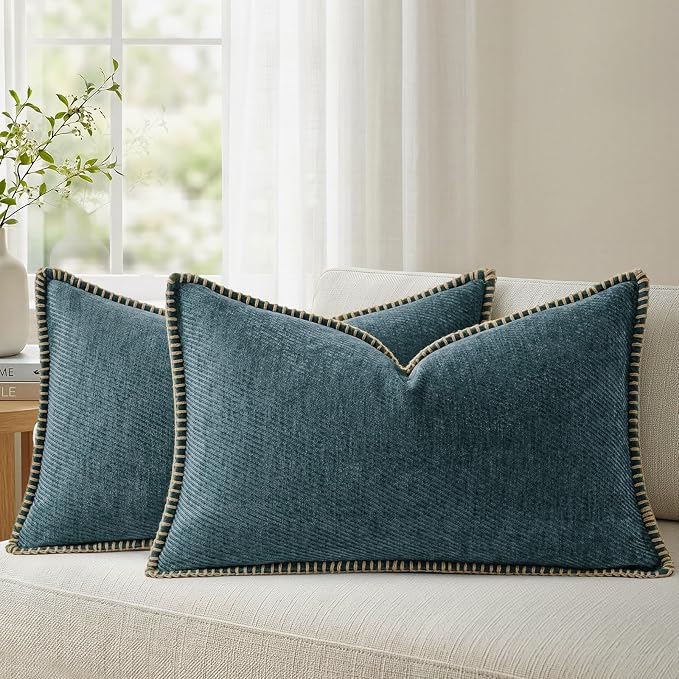 a moment Pack of 2 Decorative Chenille Throw Pillow Covers with Twill Cushion Covers for Sofa Living Room Couch Bed 20x12 Inch,Crafted Border Dark Teal