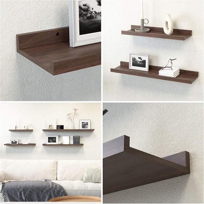 Boswillon Floating Shelves Set of 2, Long Wall Shelf with Lip, 24in, Walnut | Display Ledge Shelf for Room Wall, Wall Decor Shelves for Bathroom, Living Room, Bedroom, Kitchen, Nursery Room, Rustic, Wood