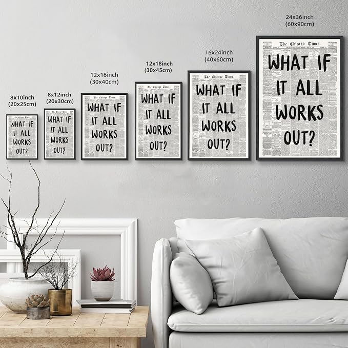 Framed What If It All Works Out Wall Art Black and White Newspaper Poster | Retro Positive Motivational Canvas Print Painting Inspirational Quote Picture Decor for Office Home Bedroom Dorm 24x36inch