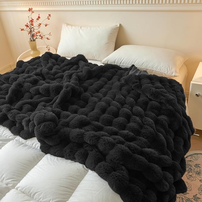 LIFEREVO Luxury Fluffy Faux Rabbit Fur Throw Blanket 50x60, Black | Plush Bubble Blanket for Bedroom Living Room Office, Decorative Soft Furry Lap Throw for Kids Girls Teens Adults, Washable