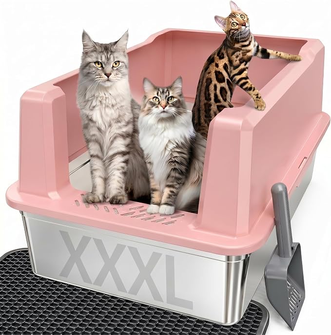 XXXL Stainless Steel Cat Litter Box with Lid, 26" L x 18" W x 12" H Metal Litter Box with High Sides for Big Cats & Multiple Cats, Never Absorbs Odors, Anti-Urine Leakage, Easy Cleanin(Pink)