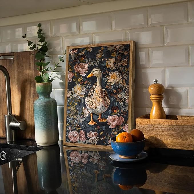 Vintage Mallard Duck Wall Art, Whimsical Dark Cottagecore Duck Wall Decor Painting Moody Animal and Botanical Poster Canvas Print for Living Room Bedroom 16x24 inch Wood Framed