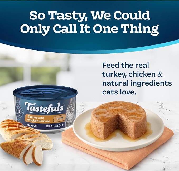 Blue Buffalo Tastefuls Turkey & Chicken Paté Wet Cat Food, 3 oz, 24 ct | Real Turkey First, Paté Style, No Chicken By-Product, Corn, Wheat, or Soy
