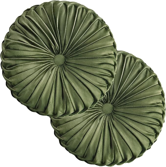 Teieas 2 Pcs Round Throw Pillows Decorative Velvet Pleated Bed Pillows | Olive floor pillow,back support for couch,chair,dorm,car,sofa,home decor 14.96 in