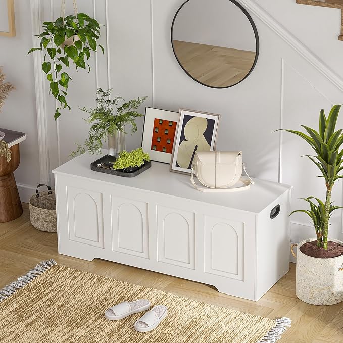 Storage Chest, Wooden Toy Box, White 50.0" L | Extra Large Storage Bench, 2 Soft-close Hinges, Finger-safe Flip-Top Lid, Easy Assembly, Farmhouse Trunk, Living Room/Bedroom
