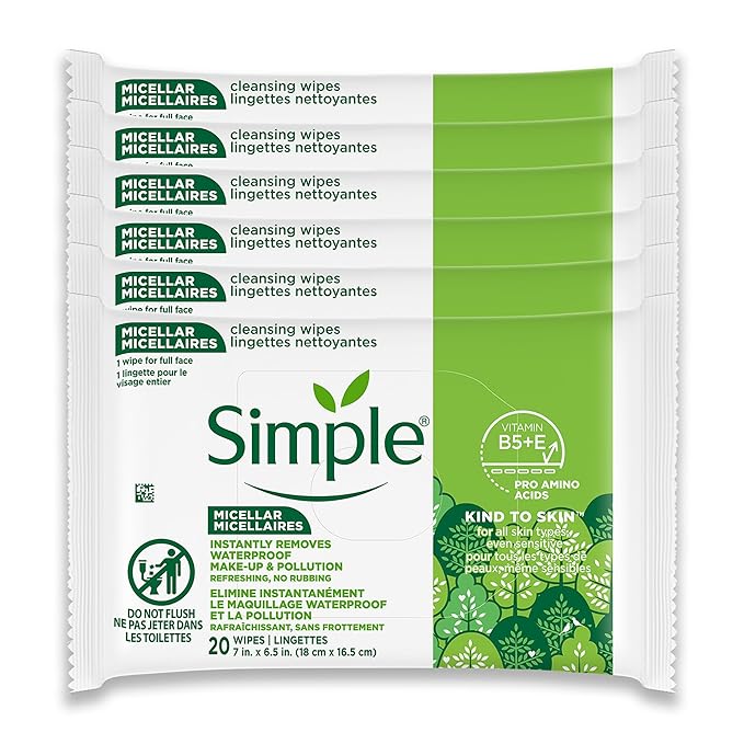 Simple Kind To Skin Micellar Makeup Remover Wipes - Face Wipes Instantly Remove Waterproof Makeup - Enriched with Vitamin B5 and E - Vegan - 6 pc