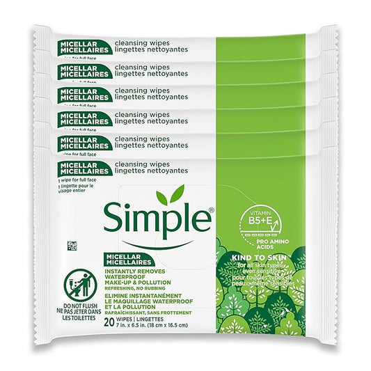 Simple Kind To Skin Micellar Makeup Remover Wipes - Face Wipes Instantly Remove Waterproof Makeup - Enriched with Vitamin B5 and E - Vegan - 6 pc