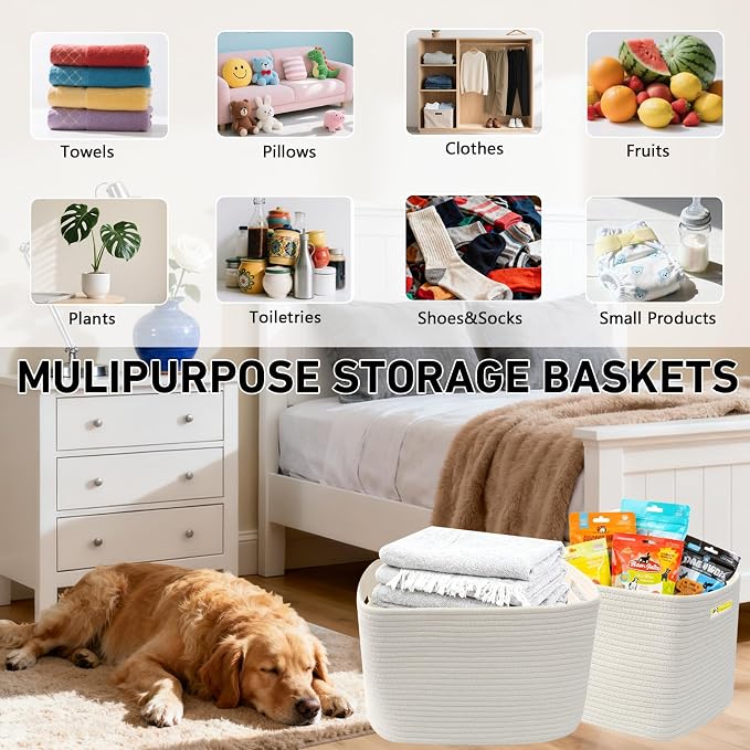 3 Pack Woven Baskets,Storage Baskets for Shelves with Handles | 13.5"×11"×9.5",Closet Baskets,Gift Basket,Nursery Organizer for Toys Towels Books,Storage Bin for Living Room Bedroom-White