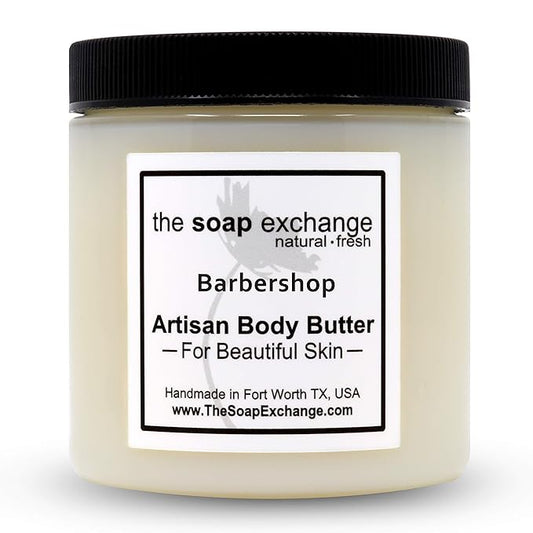 The Soap Exchange Body Butter - Barbershop Scent - Hand Crafted 8 fl oz / 240 ml Natural Artisan Skin Care, Shea Butter, Aloe Vera, Nourish, Moisturize, & Protect. Made in the USA.
