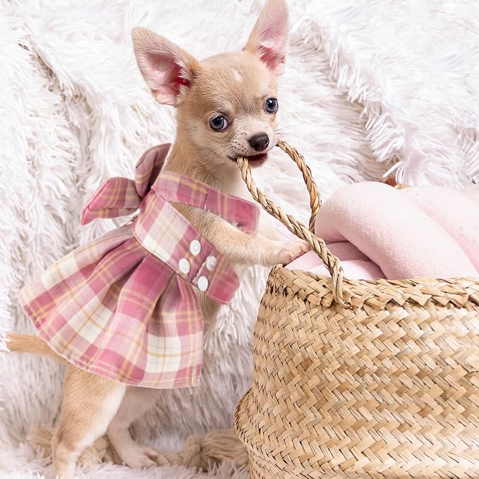 Potchen 4 Pcs Plaid Dog Dresses with Bow Harness and Leashes,Xs,Dark Color