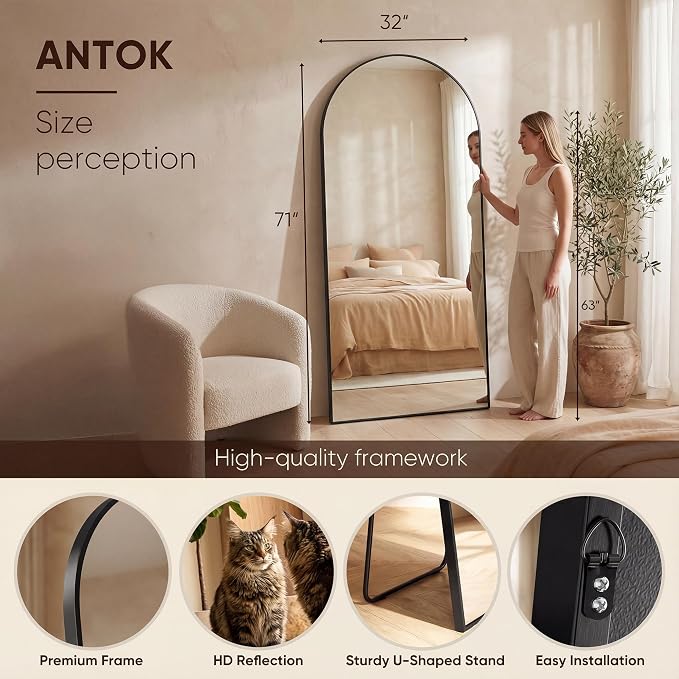 Antok 71" x32” Arched Full Length Floor Mirror, Black Aluminum Frame, Free Standing/Wall Mount/Leaning for Bedroom, Living Room, Dressing Room