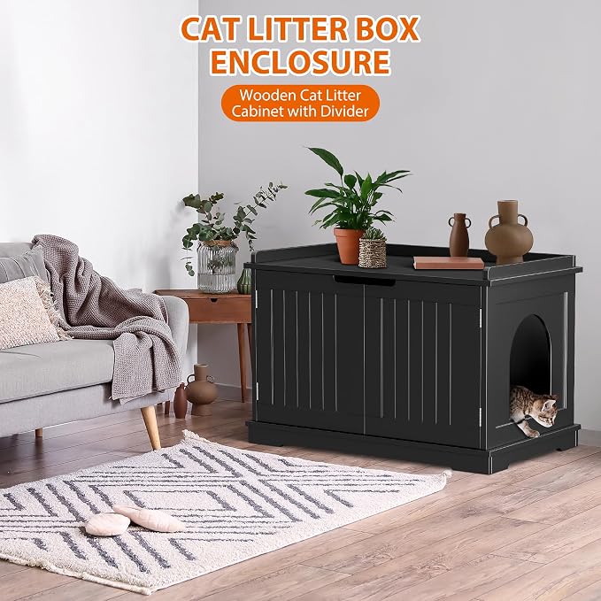 Cat Litter Box Enclosure Furniture Hidden Wooden Washroom Litter Box Cabinet, Indoor Cat House with Removable Divider, as Table Nightstand Storage Bench (Black)