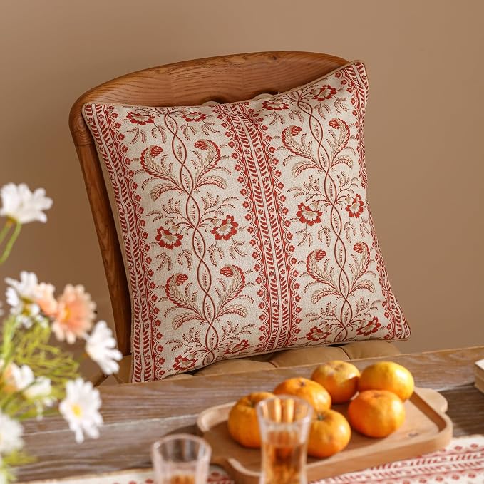 Designer Linen Throw Pillow Cover,Set of 2,18"x18"-Chamonix A | Vintage Elegant Square Pillow Cover,Concealed Zipper Design,Floral Pattern,Sofas,Bedroom,Living Room,Lounge Chairs