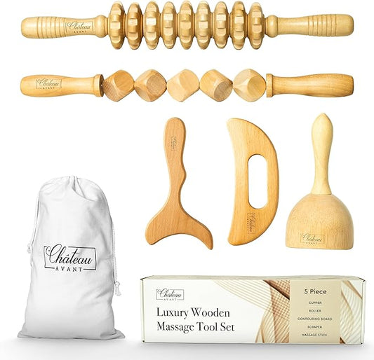 Château Avant Luxury Wooden Massage Tool Set, 5-Piece Lymphatic Drainage & Sculpting Kit – Cupper, Roller, Contouring Board, Scraper & Rope Roller