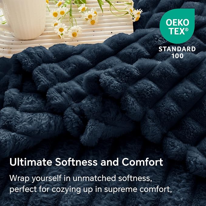 BEDELITE 3D Checked Navy Blue Fleece Throw Blanket for Couch, 50x60 Inches | Soft Warm Fuzzy Fluffy Blanket for Bed Sofa, Lightweight Plush Cozy Blankets for Home Room Decor, Gift for Women, All Season