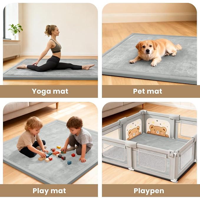 ACOMOPACK Baby Play Mat for Floor 1.3" Thick Memory Foam Play Mat 79"×118" Tummy Time Crawling with Non-slip Bottom for Living Room,Nursery,Soft Velvet Playpen Mats for Kids,Infants（Light Grey）