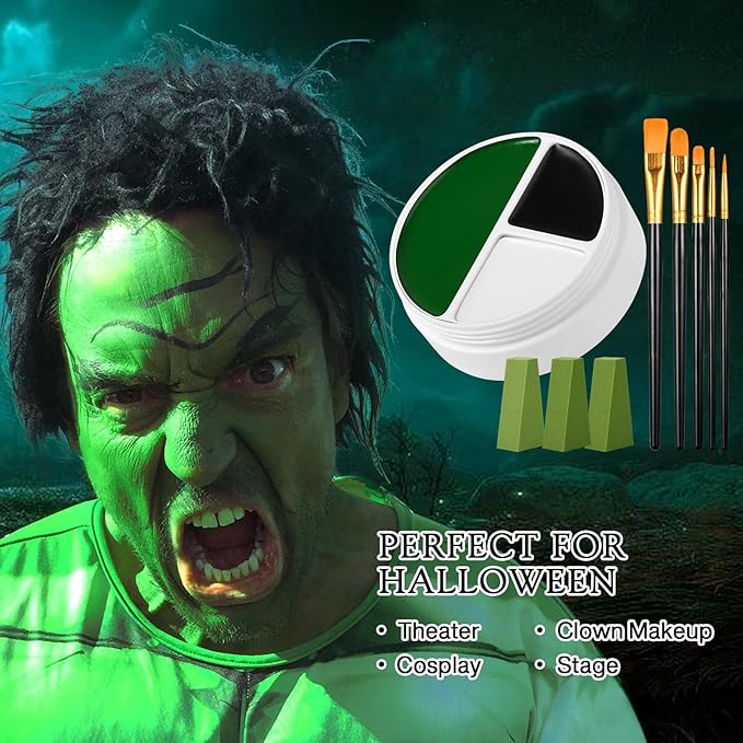 White Black Green Face Body Paint Witch Halloween Makeup Set- Oil-Based Facepaint with Brushes & Sponges for Kids Adults, Full Coverage Bodypaint for Monster Grinch Shrek Hulk Alien SFX Cosplay Party