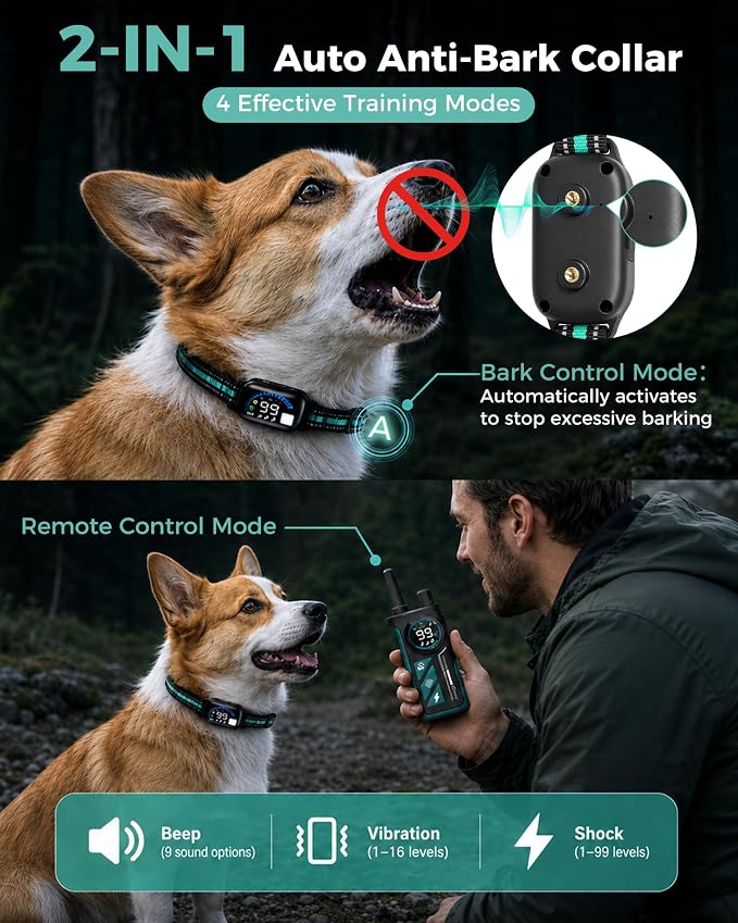 Sevy Buzzy 2-in-1 Dog Bark Collar & Dog Shock Collar with Remote, Smart Anti Bark Dog Training Collar, 3300FT Dog E Collar with 4 Training Modes, LED Light, IP67 Waterproof for Small Medium Large Dogs