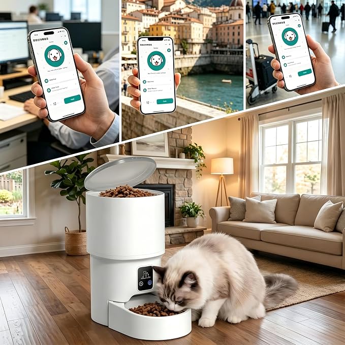 Automatic cat feeder,4L timed pet food dispenser with 2.4G WiFi,Detachable | Dual power timed dry goods dispenser, suitable for cats and dogs, suitable for outdoor use, mobile phone controllable