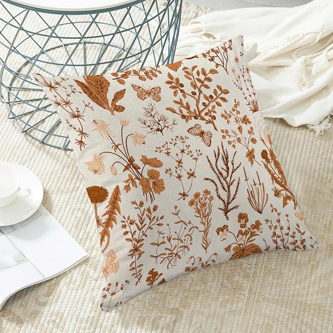 AEIOAE Fall Pillow Covers 22x22 Inch Set of 2,Burnt Orange Wild Flower Plant Throw Pillows Case,Seasonal Floral Outdoor Decorative Square Linen Farmhouse Decor Cushion Covers for Home Sofa Bed Couch