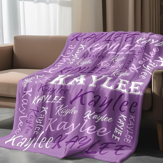 Personalized Custom Pale Purple Theme Light Soft Flannel Fleece Throw Blanket with Name for Men, Women, Boys, Girls, Kids - Customized Name Gifts for Birthday, Christmas, Valentines Day
