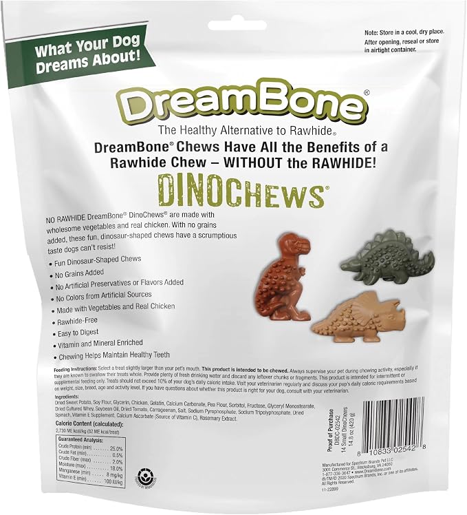 DreamBone Small DinoChews Rawhide-Free Dog Treats, 14 Count | No Grain Added, Daily Chew, Digests Safely and Completely, Made With Real Protein, Chicken and Veggies, For Adult Dogs