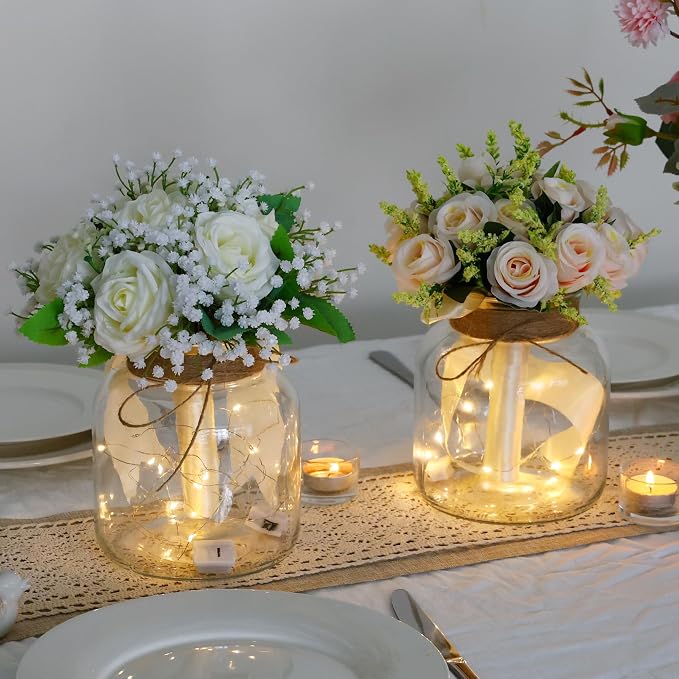 Houmury Glass Vases for Centerpieces Set of 2 Farmhouse Utensils Holder 6 Inch Clear Large Vase with Twine Ties Home Decor for Wedding Living Room Dining Table Office (2)