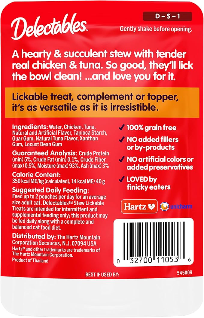 Delectables Lickable Treat Stew Wet Cat Treat with Real Chicken & Tuna, Food Topper, Hydrating, Grain-Free, No Fillers, No By-Products, No Added Preservatives, 1.4oz Pouch, 12ct