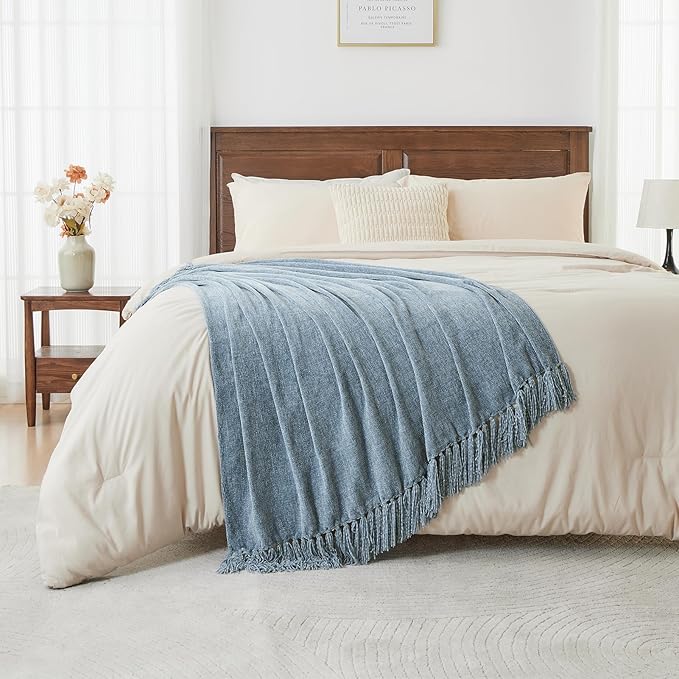 CozeCube Chenille Throw Blanket, Dusty Blue Fringe Blanket, 60"X80" | For Couch, Cozy Plush Fuzzy Decorative Blanket with Fringe Tassels, Lightweight Throws for Bed Sofa Gift Home Decor