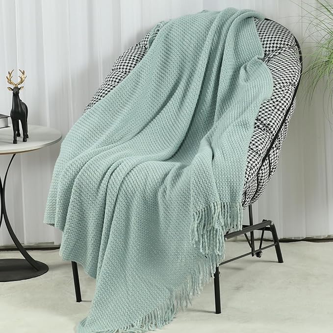 Blagic Wheat Textured Knit Throw Blanket for Couch,Blue and White,50"x60" | Soft Farmhouse Boho Throw Blanket with Tassels,Decorative for Living Room,Gifts for Adults,All Season Use