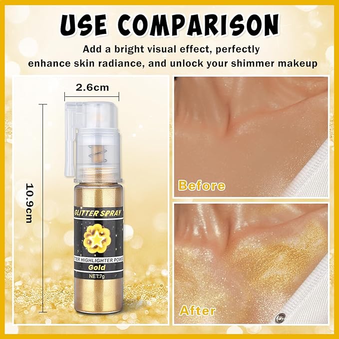 AWCCXMYM Body Glitter Spray Sparkle Hairspray Highlighter Glitter Shiny Spraay for Hair and Body,Face Glitter Powder for Halloween,Christmas,Concert Accessories Party Body Makeup(Gold)