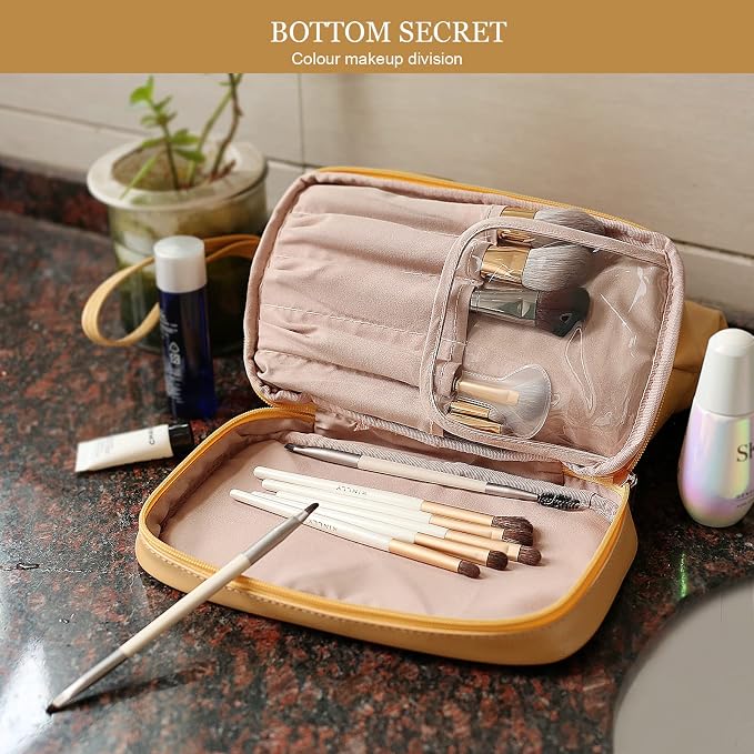 Abiudeng Large Capacity Makeup Bag Ladies Cosmetic Bag Travel Bag with Compartments Portable PU Leather Travel Makeup Bag with Handle