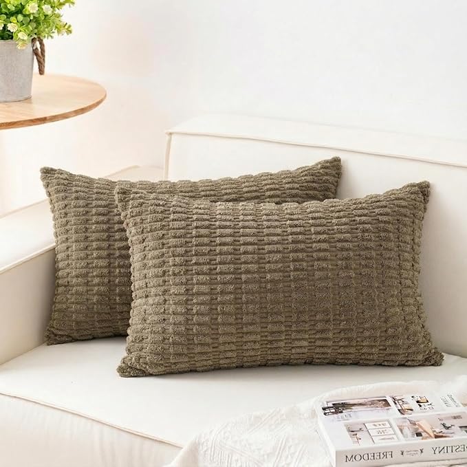 Aegero Pack of 2 Corduroy Decorative Throw Pillow Covers 12x24 Inch, Green | Fall Soft Striped Pillow Covers Modern Farmhouse Home Decor Christmas Throw Pillow Covers for Sofa Living Room Couch Bed