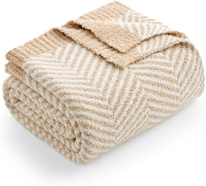 Snuggle Sac Herringbone Throw Blanket for Couch, Reversible Super Soft Warm Blankets Cozy Knit Fuzzy Plush Lightweight Throws for Sofa, Bed, Camping, Beige, 50x60 inches