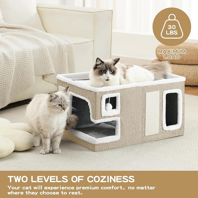 Large Cat Houses for Indoor Cats, Extra Wide Covered Cat Cave Bed with Scratch Pad and Fluffy Ball, Foldable Cat Hideaway Condo for Large Cats, Modern Kitten Bed,23x16x13 inches (Khaki‌, XL)