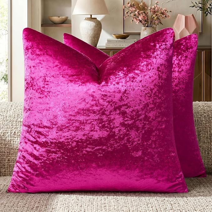 GIGIZAZA Crushed Hot Pink Velvet Throw Pillow Covers 18x18 Pack of 2 | Decorative Pillows for Couch Sofa,280gsm Soft Textured Fabric,Modern Square Pillowcases,Luxury Cushion Covers