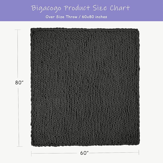 Bigacogo Chunky Knit Throw Blanket for Couch, 60x80 inches, Dark Grey | Hand Knit with Jumbo Chenille, Soft Breathable Cable Knit for Sofa Bed Living Room, Machine Washable, Gift for Mom Friend