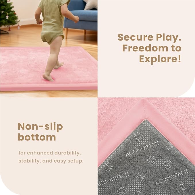 ACOMOPACK Baby Play Mat for Floor 1.3" Thick Memory Foam Play Mat 39"×59" Tummy Time Crawling with Non-slip Bottom for Living Room,Nursery,Soft Velvet Playpen Mats for Kids,Infants（Pink）