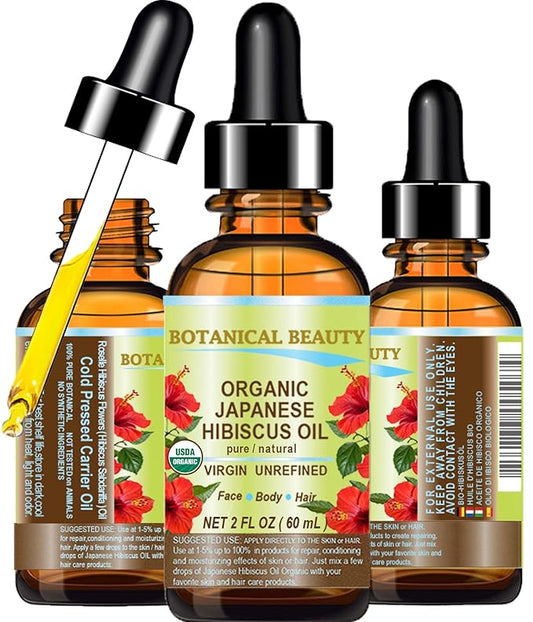 Botanical Beauty Organic HIBISCUS OIL (Hibiscus Sabdariffa) JAPANESE 100 Pure Natural VIRGIN UNREFINED COLD PRESSED Anti Aging, Vitamin E Oil for FACE, SKIN, HAIR GROWTH (2 Fl Oz)