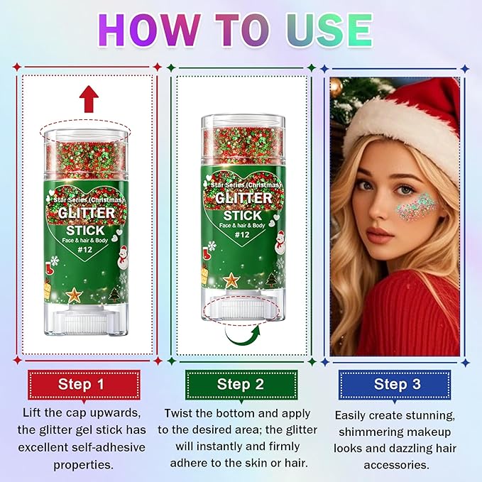 Gold Body Glitter Stick, Face Body Glitter Gel Holographic Hair Glitter Halloween Chunky Sequin Waterproof Face Paint Stick Glitter Makeup for Kids and Women