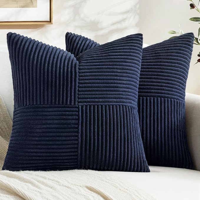 MIULEE Navy Blue Decorative Throw Pillow Covers for Couch 20x20 Inch | 2 Pack, Boho Farmhouse Pillow Covers, Soft Cross Corduroy Patchwork Textured Cushion Cases For Bed Sofa